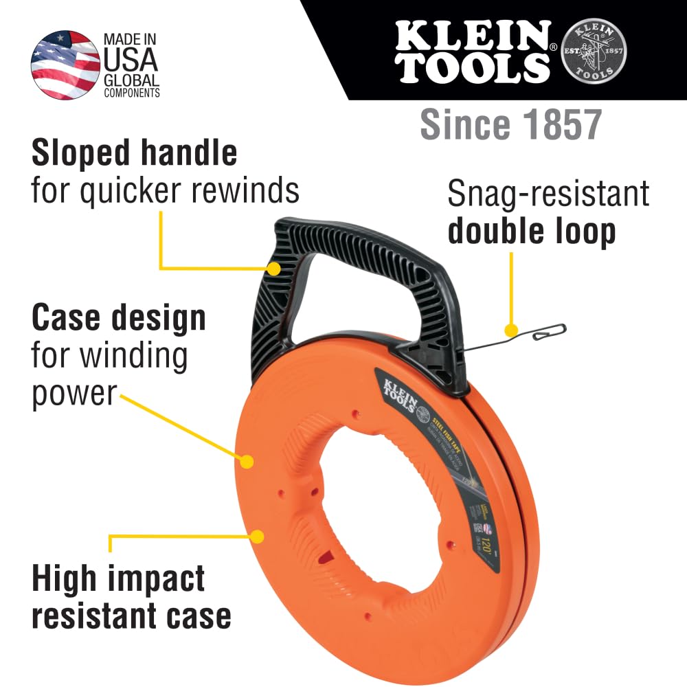 KLEIN TOOLS 56333 | Guía Jalacables De Acero | 37 M | Punta Con Doble Bucle | Jala cable con menos complicaciones usando una guía de acero de 37 m, con punta de doble bucle y agarre cómodo.