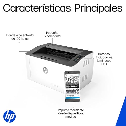 HP Impresora Laser 107w, Láser, Impresión en Negro, Wi-Fi, USB, Impresión y escanéo Smart App, Apple Air Print, Bandeja de 150 Hojas, Pantalla LED (4ZB78A)