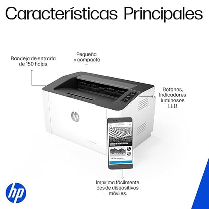 HP Impresora Laser 107w, Láser, Impresión en Negro, Wi-Fi, USB, Impresión y escanéo Smart App, Apple Air Print, Bandeja de 150 Hojas, Pantalla LED (4ZB78A)
