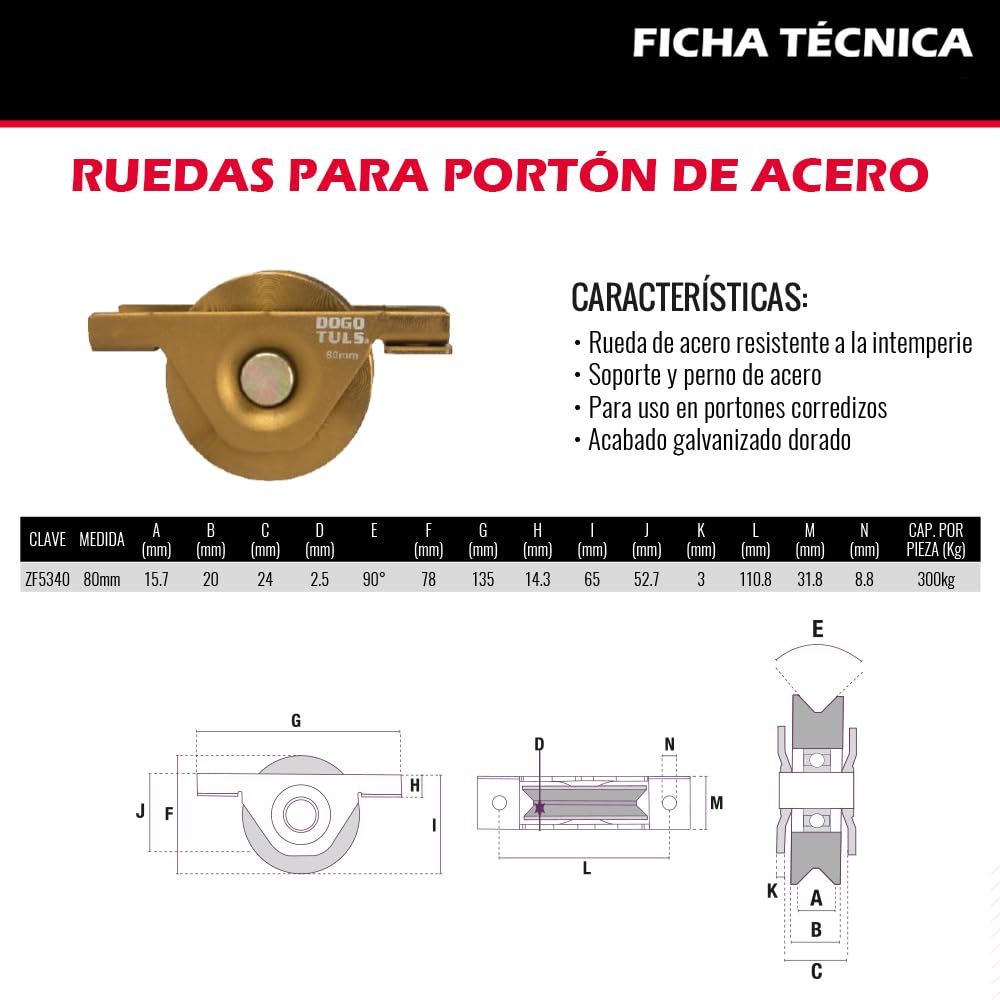 Dogotuls ZF5340 Rueda para portón de acero v soporte 80mm