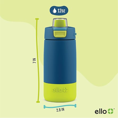 Ello Kids Colby Botella de agua aislada de acero inoxidable de 12 onzas con popote y posavasos de silicona integrados, asa de transporte y tapa de bloqueo a prueba de fugas para mochila escolar,