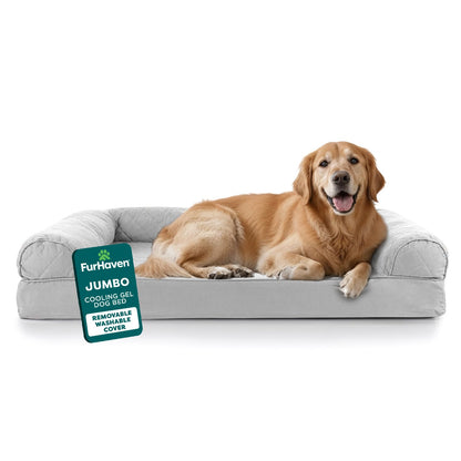 Furhaven Cama Ortopédica Tipo Sofá para Perro y Gato, Jumbo - Gris Plata - Jumbo (Espuma de Gel) - Gel de enfriamiento de espuma
