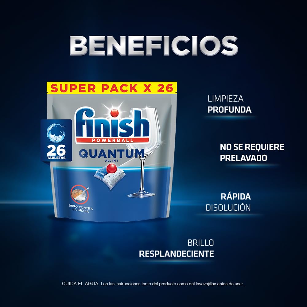 Finish® Quantum Detergente en Tabletas para Lavavajillas, 26 tabletas, Sin necesidad de pre-lavar para una limpieza profunda y duro contra la grasa