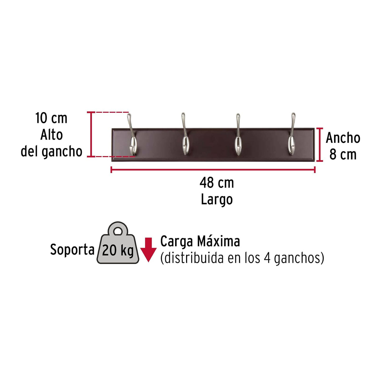 Hermex PEPU-44, Perchero para pared con 4 ganchos satinados