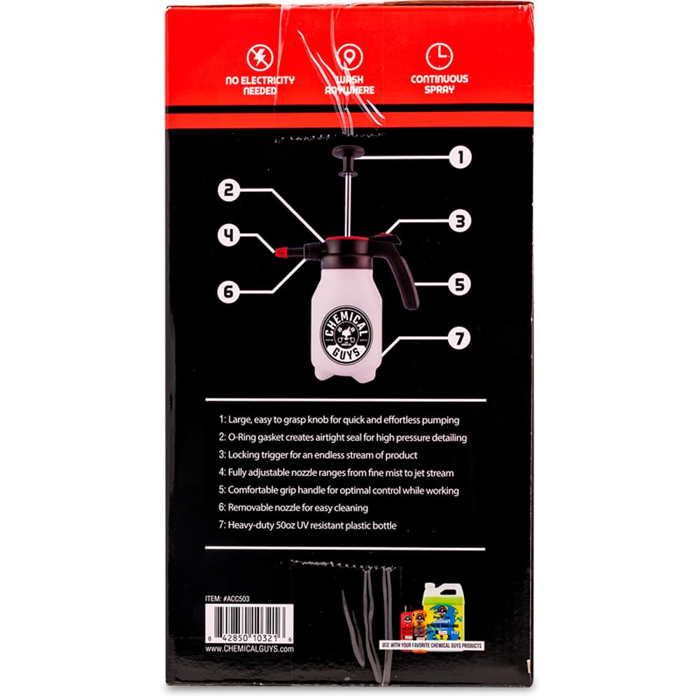 Chemical Guys Pulverizador de Bomba y atomizador a presión de función Completa para el hogar, el jardín y el Lavado y detallado de Automóviles (Botella de 50 oz)