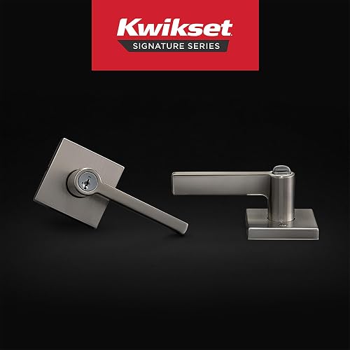 Kwikset Halifax - Manija de puerta de entrada con cerradura y llave, palanca reversible con llave segura, exterior, para entrada frontal y dormitorios, níquel satinado, seguridad Smartkey Rekey y