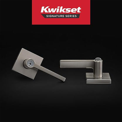 Kwikset Halifax - Manija de puerta de entrada con cerradura y llave, palanca reversible con llave segura, exterior, para entrada frontal y dormitorios, níquel satinado, seguridad Smartkey Rekey y