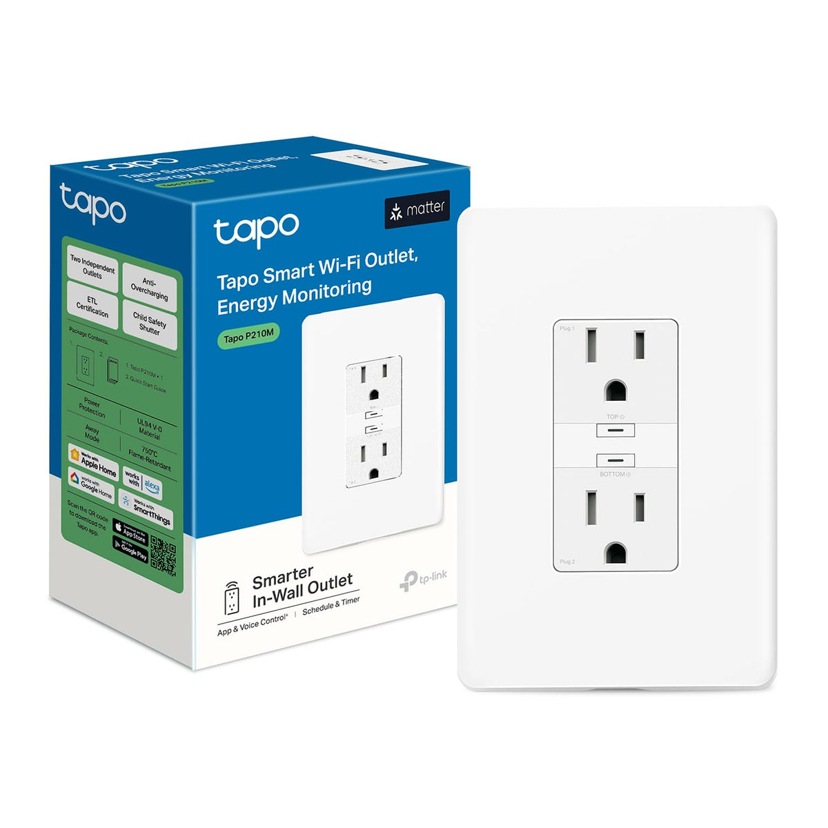 TP-Link Tapo Smart Plug P210M, toma Wi-Fi en pared, compatible con materia, monitoreo de energía, 15A/1800W Max, funciona con Alexa, Apple Home, Google Home, SmartThings, control de voz/remoto,