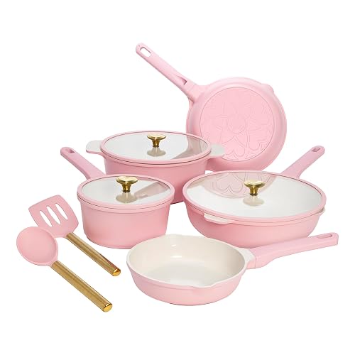 Paris Hilton - Juego de utensilios de cocina antiadherentes de cerámica de aluminio fundido con revestimiento antiadherente de doble capa, perillas de corazón dorado, asas que se mantienen frescas,