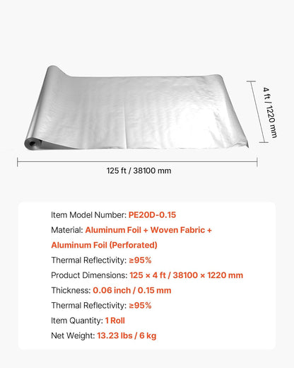 VEVOR Rollo de Aislamiento Reflectante Doble, Perforado y Transpirable, 38,1 x 1,22 m x 0,15 mm, Lámina de Aluminio de Doble Cara, Reflectividad ≥ 95%, para Ventanas y Techos de Autocaravanas