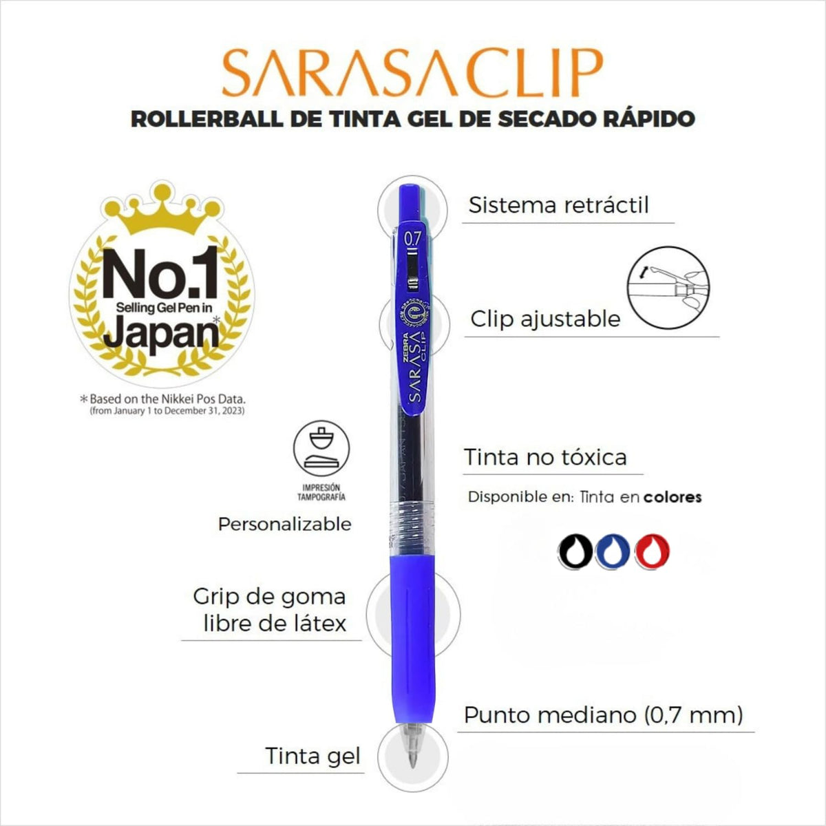 Zebra Sarasa Clip Rollerball Tinta Gel Secado rápido Punto Mediano 0.7 mm Surtido Básico 3 Piezas