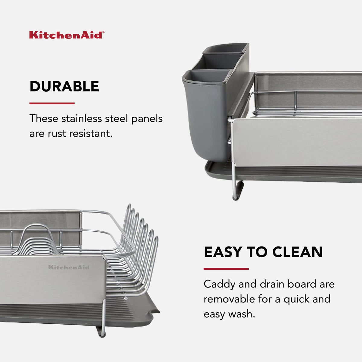 KitchenAid - Estante para Platos de Gran Capacidad, autodrenrenable y Resistente a la oxidación, con Cubierta extraíble, 20.47 Pulgadas, Color Gris