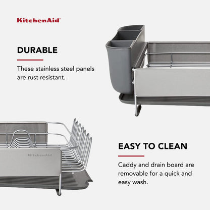 KitchenAid - Estante para Platos de Gran Capacidad, autodrenrenable y Resistente a la oxidación, con Cubierta extraíble, 20.47 Pulgadas, Color Gris
