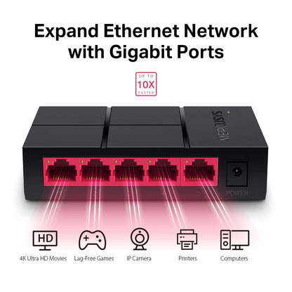 MERCUSYS Switch de Escritorio MS105G, Puertos LAN Gigabit LAN de 5 * 10/100 / 1000Mbps, 2 Años de Garantía, Color Negro