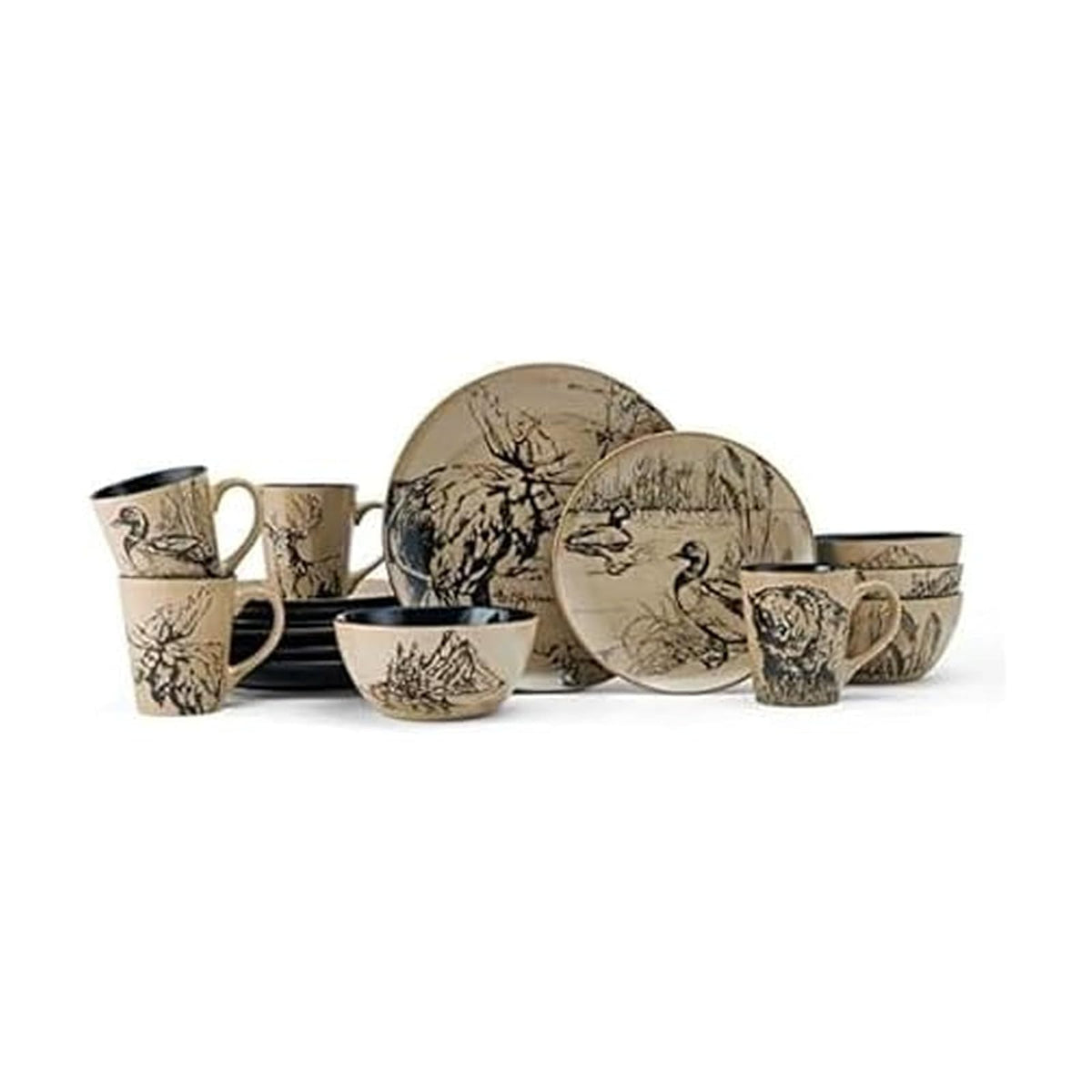Mossy Oak Animal Print - Juego de vajilla de 16 piezas, servicio para 4, negro y beige
