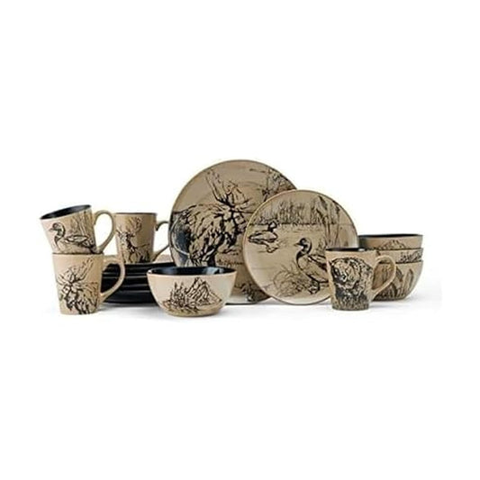 Mossy Oak Animal Print - Juego de vajilla de 16 piezas, servicio para 4, negro y beige