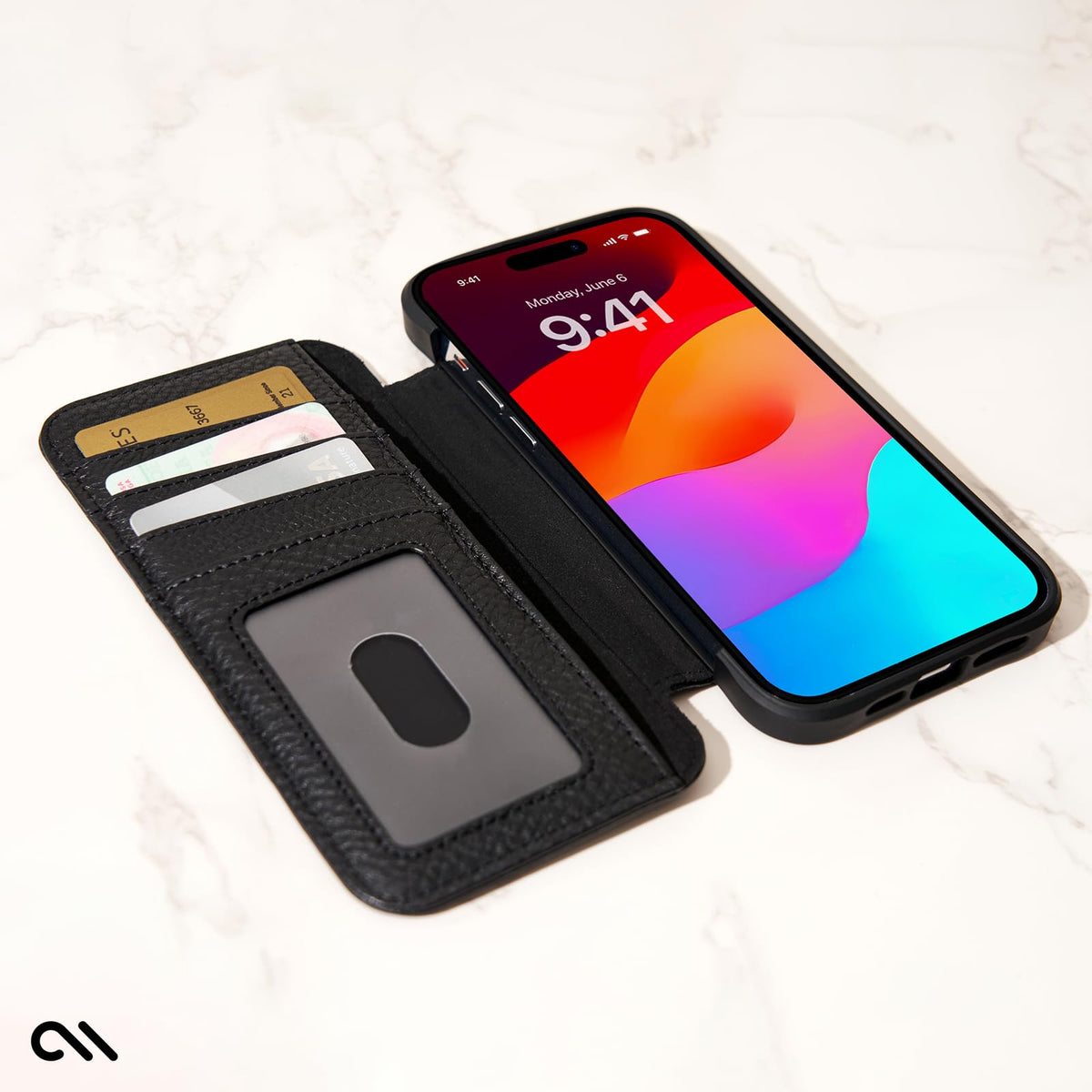 Case-Mate - Funda tipo portafolios para iPhone 15 Pro Max, color negro [protección contra caídas de 12 pies] [compatible con MagSafe] Funda magnética con tapa tipo folio hecha con piel guijarro auténtico, soporte de paisaje, efectivo y tarjetero