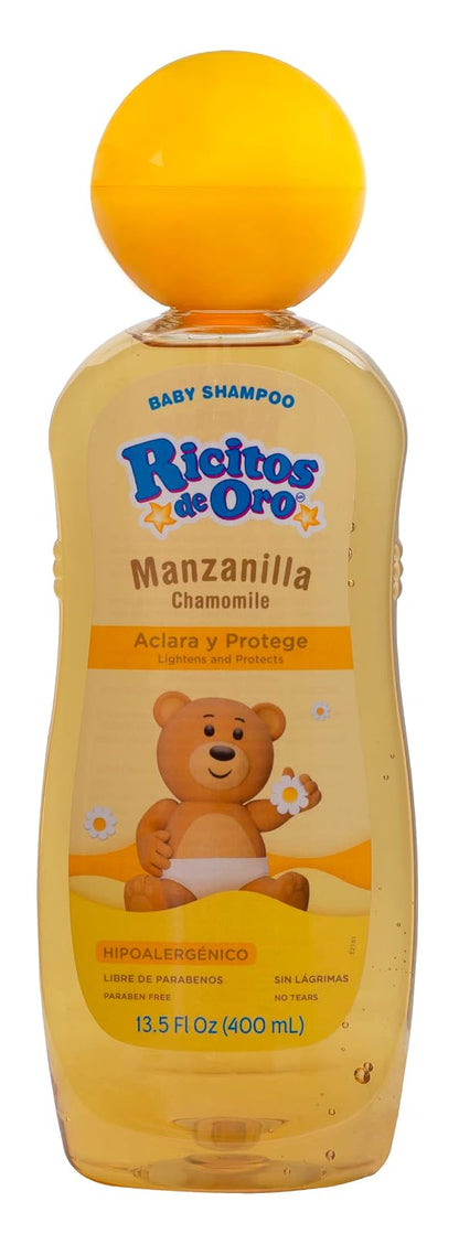 Ricitos de Oro, Champú de limpieza para bebés con extracto de manzanilla que aclara naturalmente sin parabenos, hipoalergénico, paquete de 2 botellas de 13.5 onzas líquidas, ámbar, 2 unidades