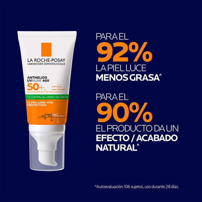 La Roche-Posay Anthelios Oil Control Toque Seco FPS 50+, Protector Solar Facial en Gel-Crema para Piel Grasa y Sensible, Matificante, Anti-Brillo, Sin Color, 50 ml