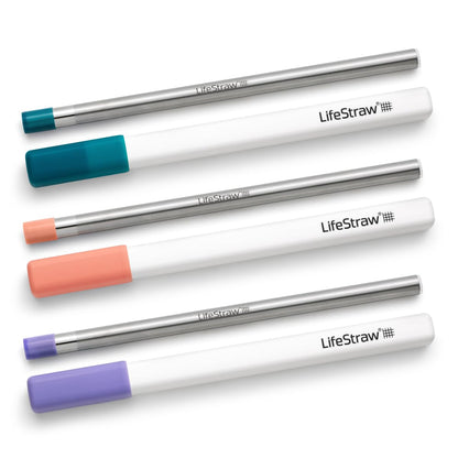 LifeStraw Sip - Paquete de 3 unidades, filtro de agua reutilizable de acero inoxidable con 3 fundas de transporte, elimina microplásticos, bacterias y parásitos para viajes y uso diario - Multi - Pack de 3