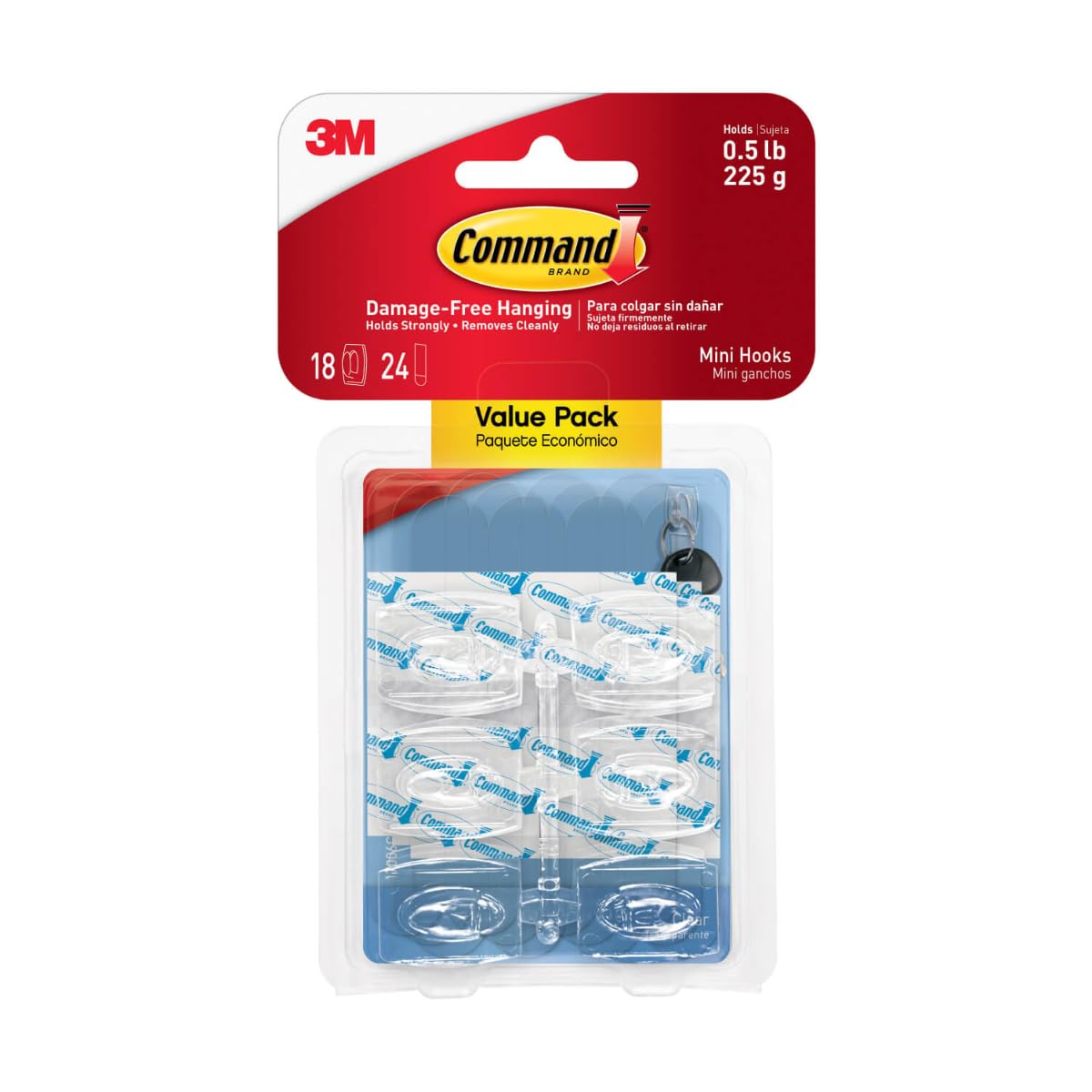 COMMAND 3M Gancho Adhesivo Removible Transparente Mini 18 piezas | Soporta hasta 225 gr, Organiza sin dañar superficies, No requiere herramientas, Fácil de instalar, Fijación segura
