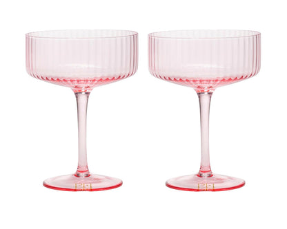 Paris Hilton - Juego de copas de cóctel acanaladas, elegante cristalería estriada, perfecto para champaña, martinis, vino y más, juego de 2, 10 onzas, rosa