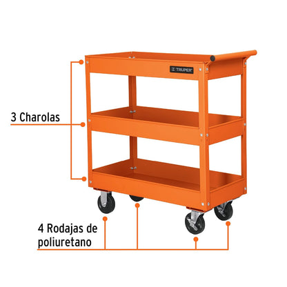Truper CARRO-3, Carro de servicio, 3 charolas, lámina de acero