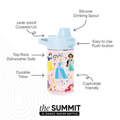 Simple Modern Disney Princess - Botella de agua para niños, de plástico, sin BPA, con tapa de popote a prueba de fugas, reutilizable y duradera para niños pequeños, niñas, colección Summit | 12 onzas,