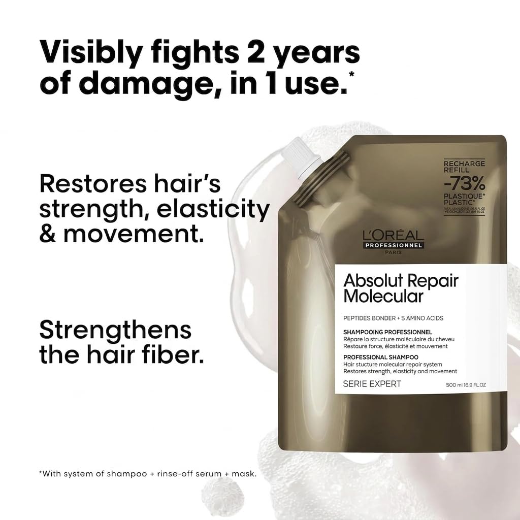 L'Oréal Professionnel Absolut Repair Molecular Refill 500ml | Para cabello muy dañado a nivel molecular. Shampoo sin sulfatos que limpia y prepara la reconstrucción de la fibra.