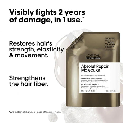 L'Oréal Professionnel Absolut Repair Molecular Refill 500ml | Para cabello muy dañado a nivel molecular. Shampoo sin sulfatos que limpia y prepara la reconstrucción de la fibra.