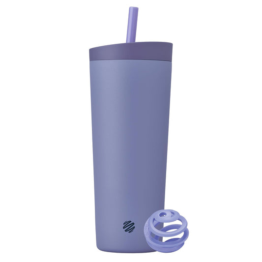 BlenderBottle Vaso Acero Inoxidable Aislado 2 en 1 | Púrpura/Azul, 24 oz, tapa a prueba de fugas, popote, BlenderBall, sin BPA, ideal para batidos proteicos