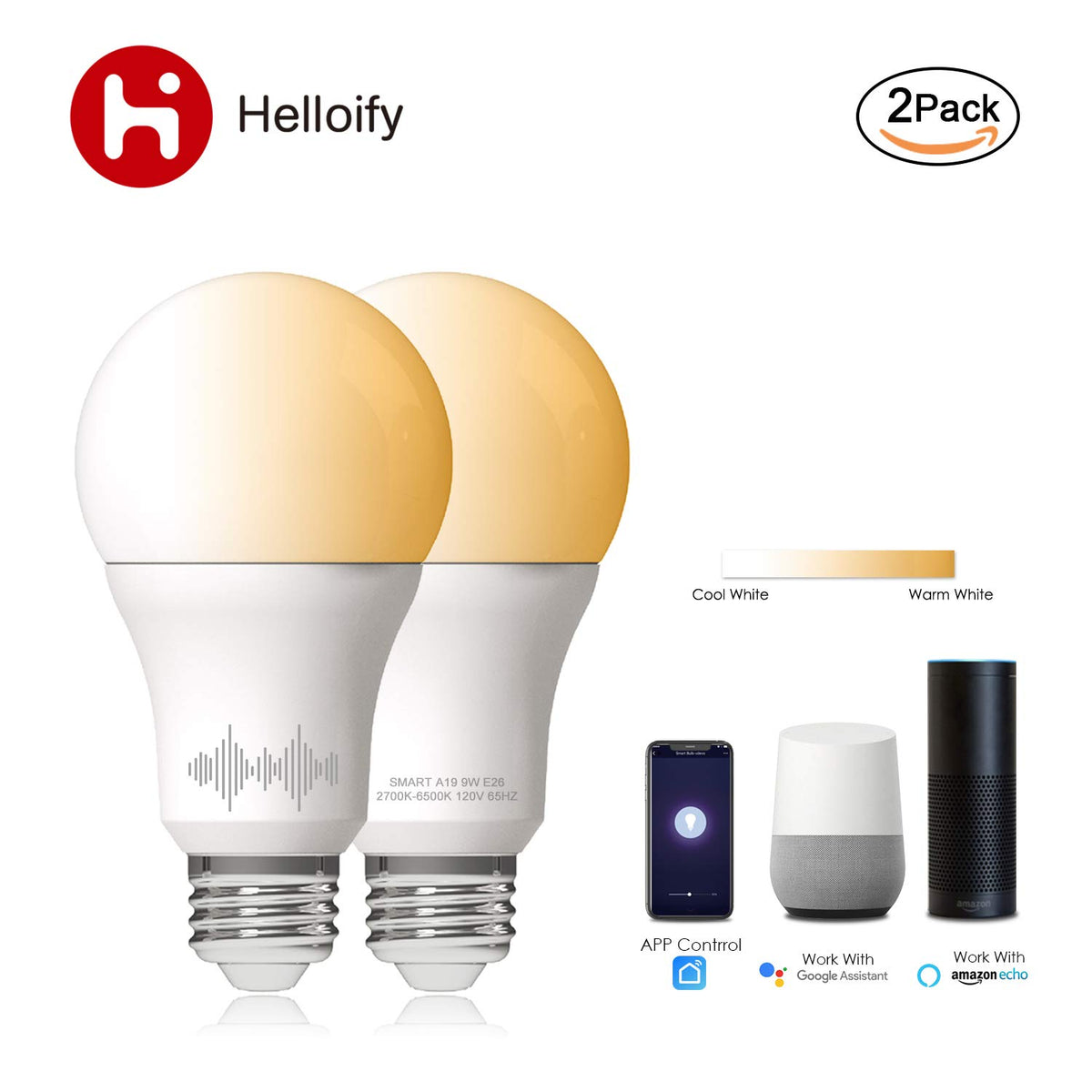 Helloify A19 Smart WiFi LED Light Bulbs, Tunable Changing, Warm to Cool White Dimmable, Work with Alexa & Google Home (No Hub), 60W Equivalent E26, 2700K-6500K, 2 Count