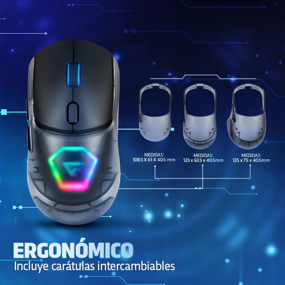 GAME FACTOR MOW700-BK Mouse Inalámbrico Gaming, Multiconectividad 2.4GHz y Bluetooth, Sensor Pixart 3395, 26,000 dpi, RGB, Carcasas Intercambiables, Batería Recargable, Compatible con PC y Laptops