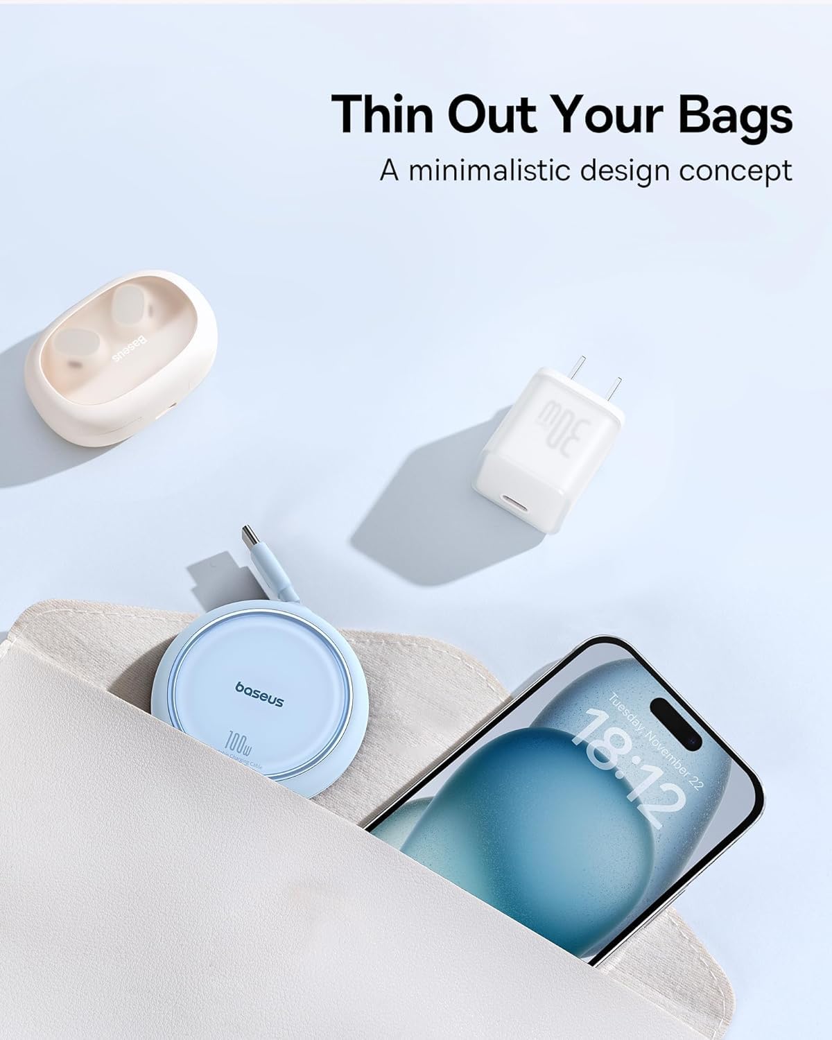 Baseus USB-C Mini Cable de Carga Retráctil de 100 W, Azul