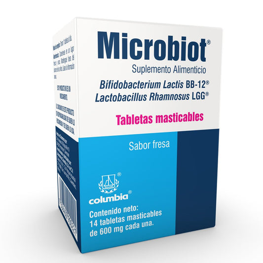Microbiot Tabletas Masticables, 3.2 billones de probióticos Lactobacillus rhamnosus LGG y Bifidobacterium lactis BB-12, 14 tabletas sabor fresa