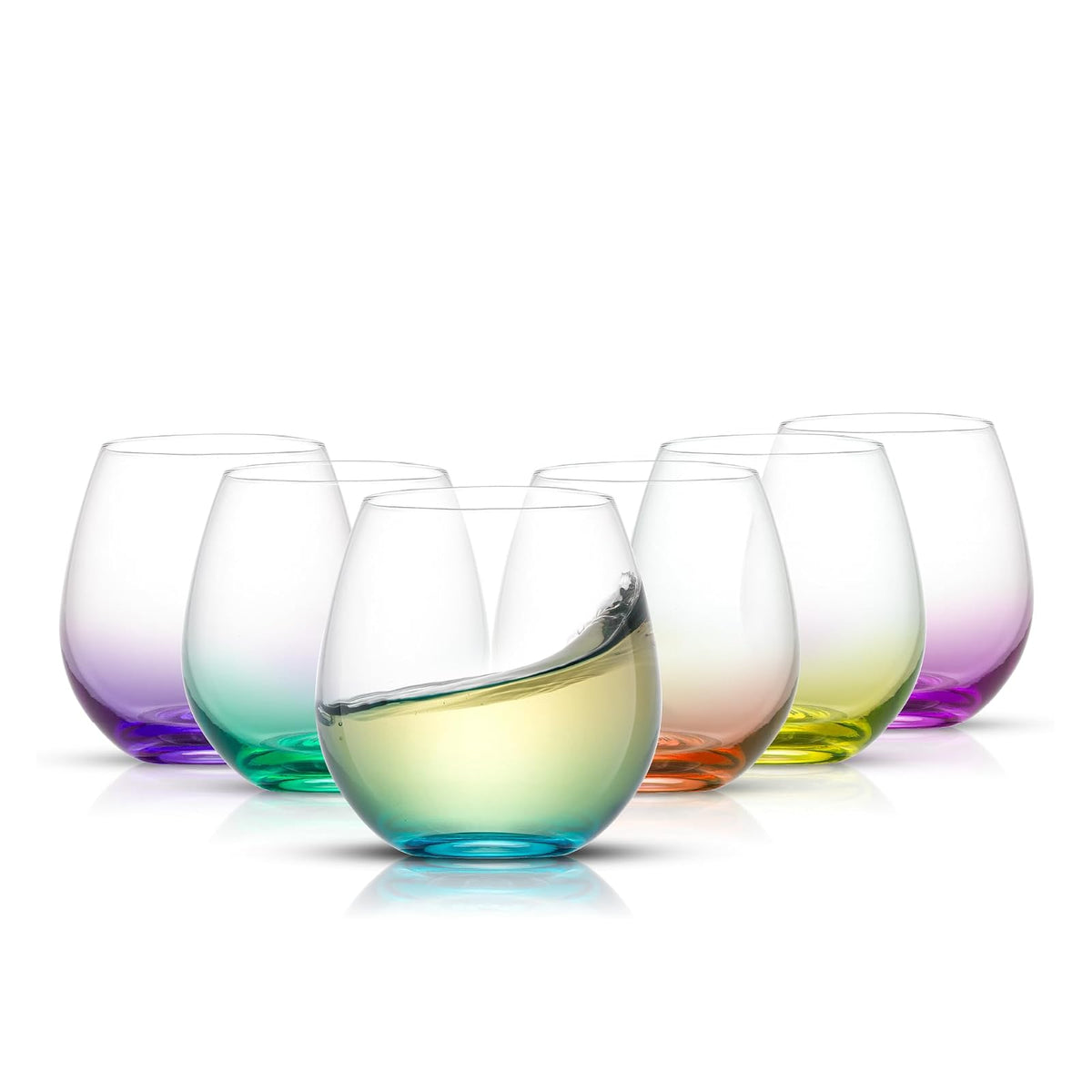 JoyJolt Hue Stemless Wine Glass Set, Large 15 oz Juego de 6 tazones de vino Blanco Rojo o aguamarina, Sin tallo, vaso de colores