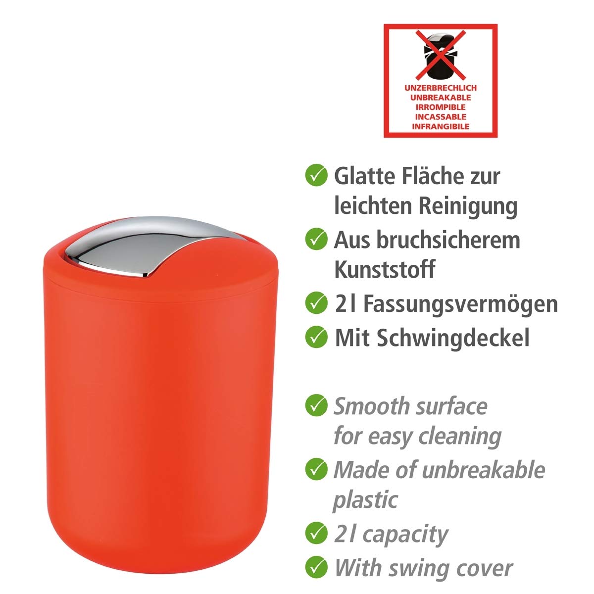 Wenko Brasil S - Cubo de basura con tapa oscilante, color rojo coral, absolutamente irrompible, capacidad: 2 L, plástico (TPE), 14 x 21 x 14 cm, color rojo coral
