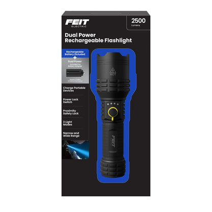 Feit - Linterna eléctrica de alimentación flexible, 2500 lúmenes, recargable y compatible con baterías AA, aluminio de grado aeronáutico, carga rápida USB-C, bisel de rotura de vidrio de emergencia