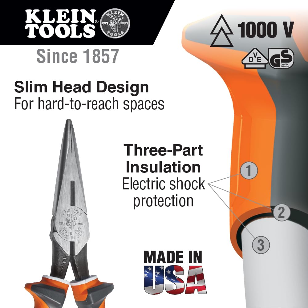 Klein Tools 203-8EINS Electrician's Insulated 8" Long Nose Pliers