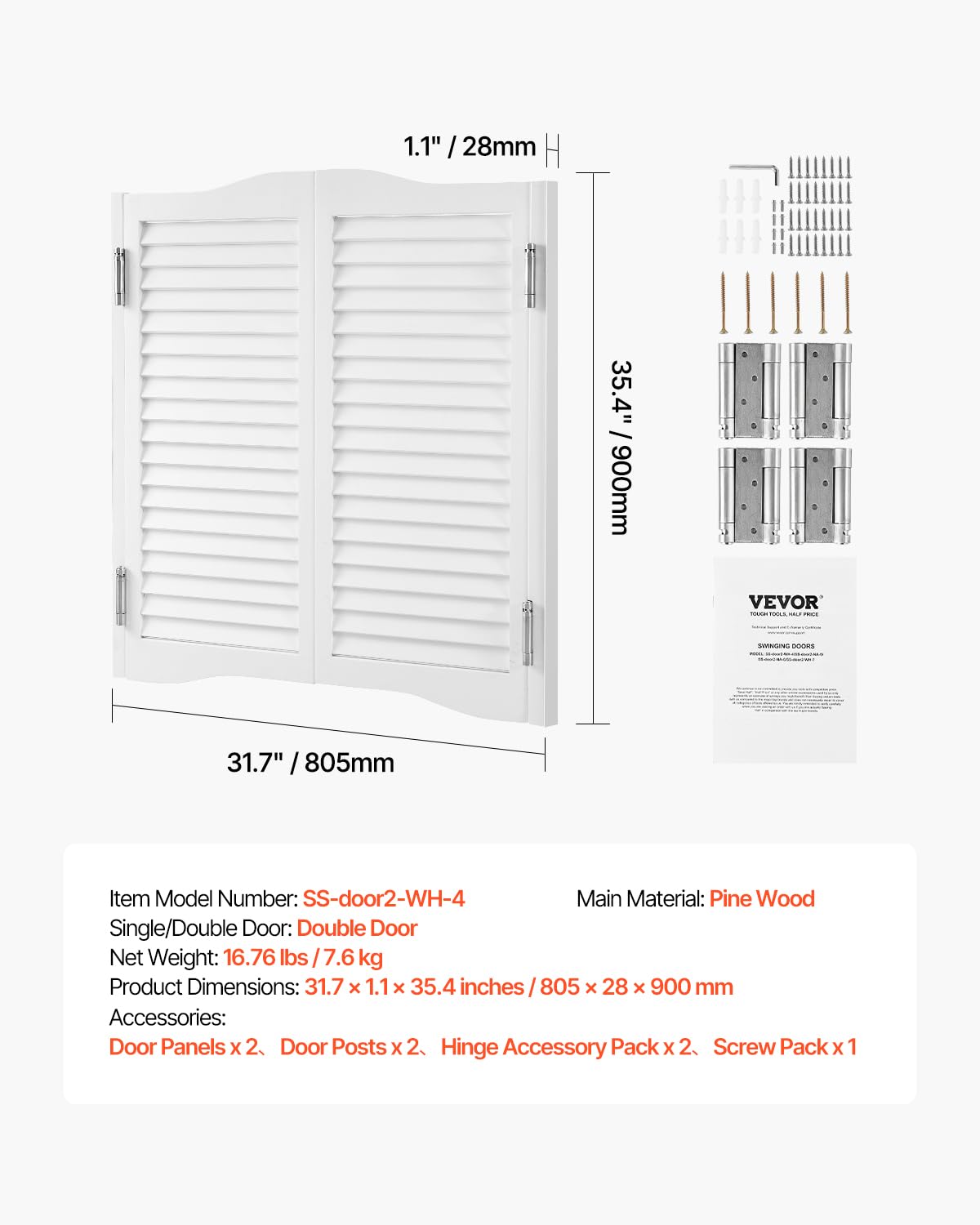 VEVOR - Puertas dobles de salón, 32 pulgadas de ancho x 36 pulgadas de alto, puertas de café con arco superior interior, madera de pino premium, con bisagras y kit de hardware, fácil de instalar, para