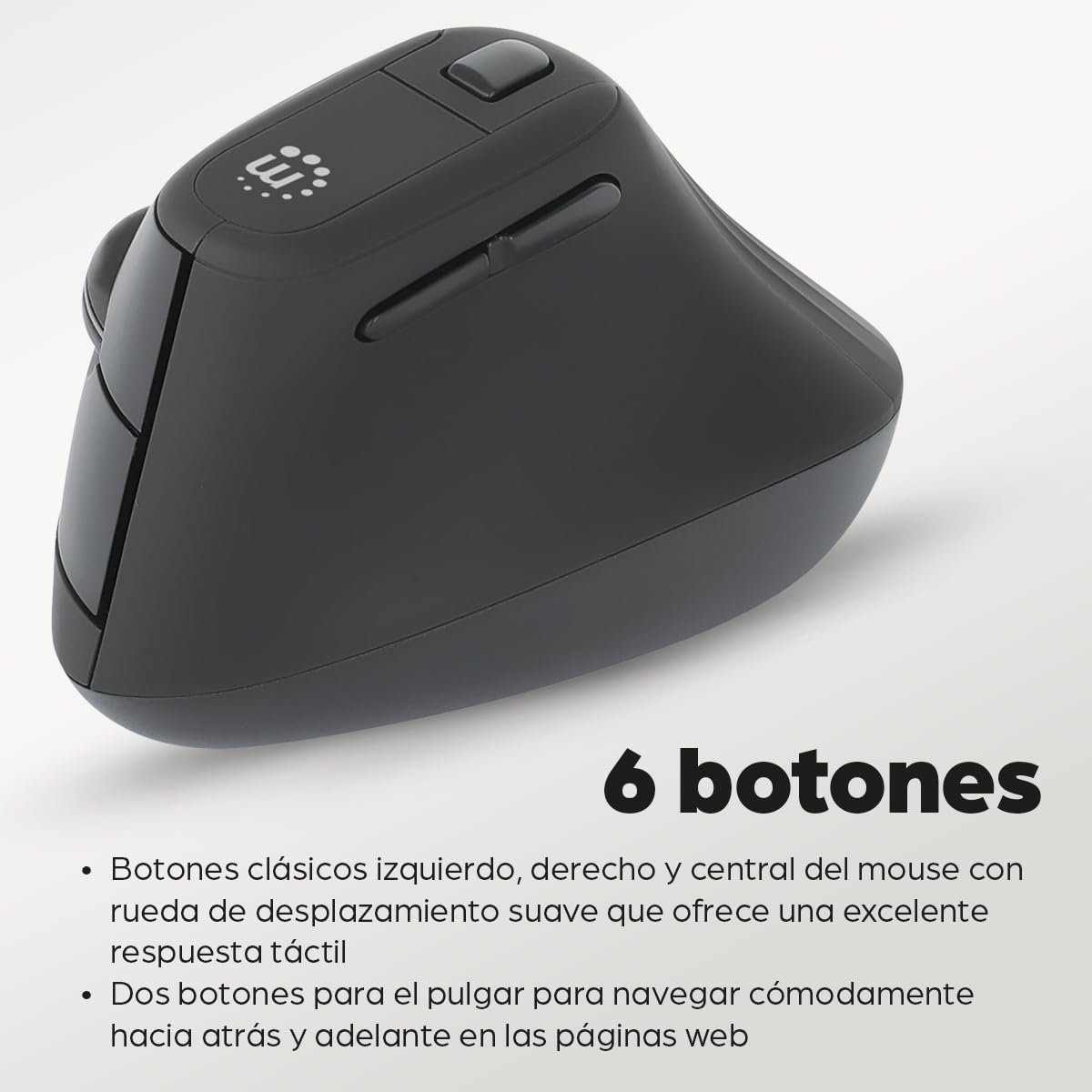 Manhattan 190336 Mouse Ergonómico Vertical Inalámbrico USB 2.4 GHz con nanorreceptor, 800/1200/1600 dpi Ajustables, diseño ergonómico 60°, Compatible con Windows, macOS, Linux y ChromeOS
