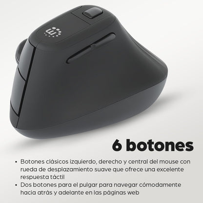 Manhattan 190336 Mouse Ergonómico Vertical Inalámbrico USB 2.4 GHz con nanorreceptor, 800/1200/1600 dpi Ajustables, diseño ergonómico 60°, Compatible con Windows, macOS, Linux y ChromeOS