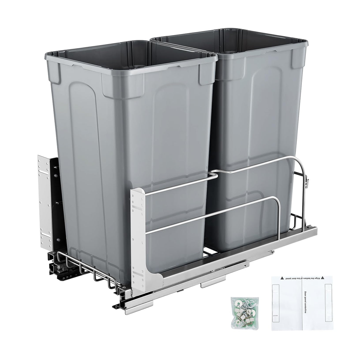 VEVOR Cubo de basura extraíble, 27 cuartos de galón x2, contenedor doble | Para residuos y reciclaje, con kit de puerta y corredera de cierre suave, para armario de cocina, fregadero, color gris.