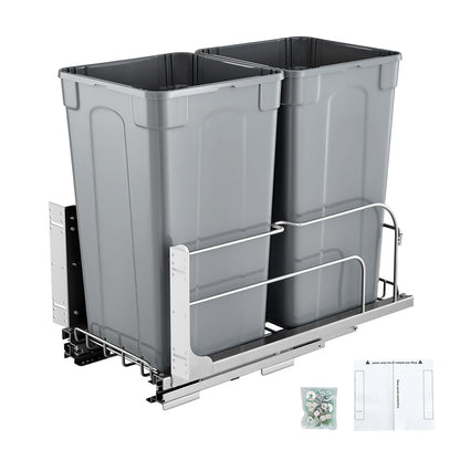 VEVOR Cubo de basura extraíble, 27 cuartos de galón x2, contenedor doble | Para residuos y reciclaje, con kit de puerta y corredera de cierre suave, para armario de cocina, fregadero, color gris.