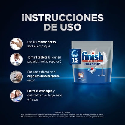 Finish® Quantum Detergente en Tabletas para Lavavajillas, 15 tabletas, Sin necesidad de pre-lavar para una limpieza profunda y duro contra la grasa