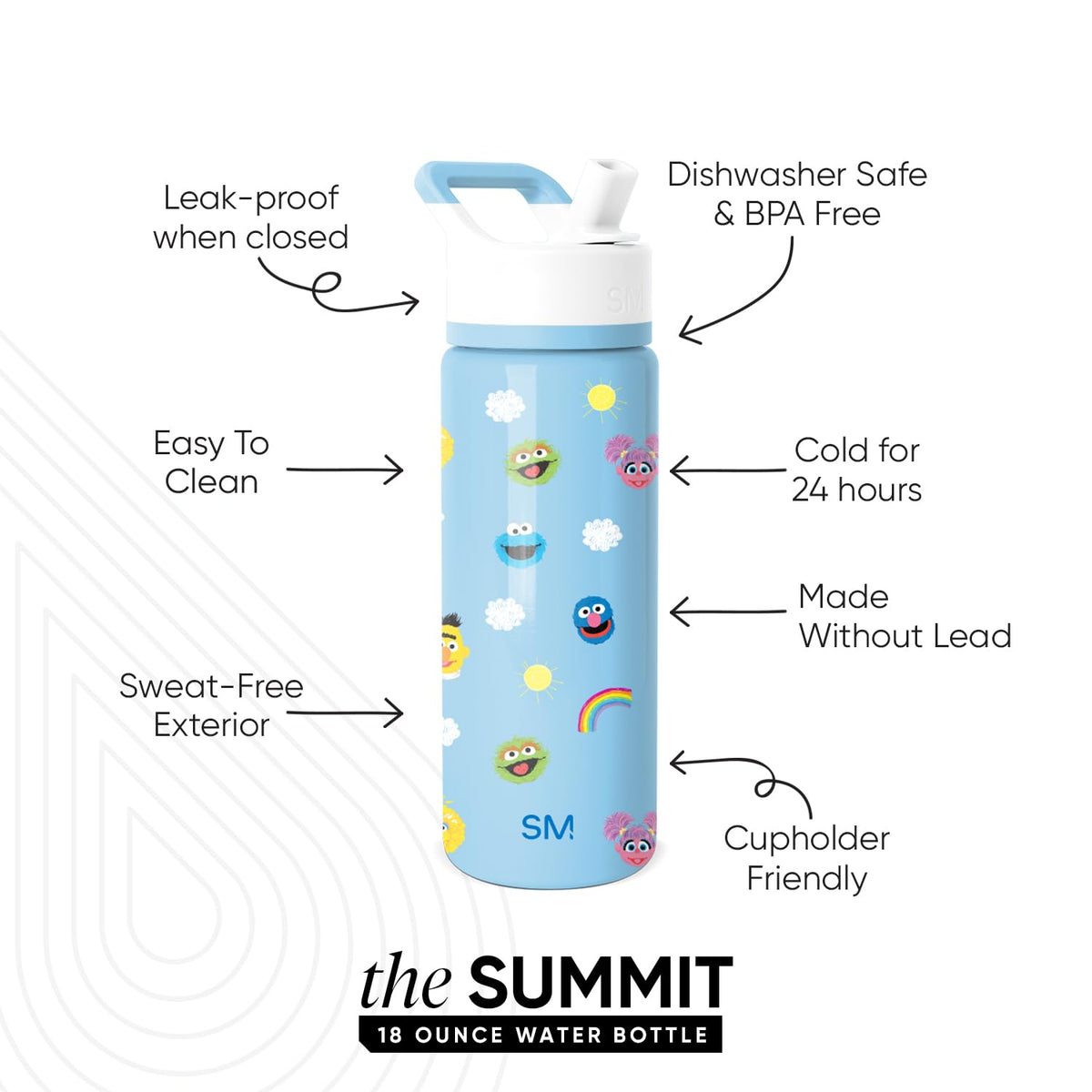 Simple Modern - Botella de agua Summit para niños con tapa de popote, vaso aislado de acero inoxidable de 18 onzas, para niños pequeños, escuela, amigos de la calle Sésamo