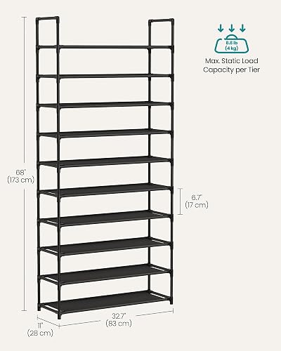 SONGMICS - Estante para Zapatos de 10 Niveles, Organizador de Almacenamiento de Zapatos, 11 x 32.7 x 68 Pulgadas, Marco de Metal, estantes de Tela no Tejida, para Entrada, recámara, Color Negro