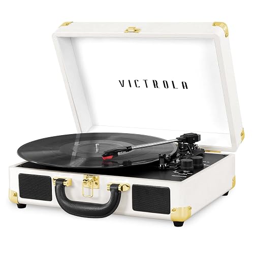 Victrola Journey - Tocadiscos de Maleta Bluetooth - Blanco Altavoces estéreo Integrados, Tocadiscos de 3 velocidades Reproduce Discos de 7", 10" y 12", transmisión Bluetooth, Salida para Auriculares