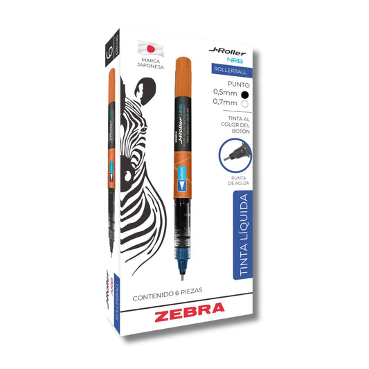 Zebra Bolígrafo J-Roller NRB Tinta Líquida Punta Aguja 0.5 m Clip metálico Caja 6 Piezas (Azul)