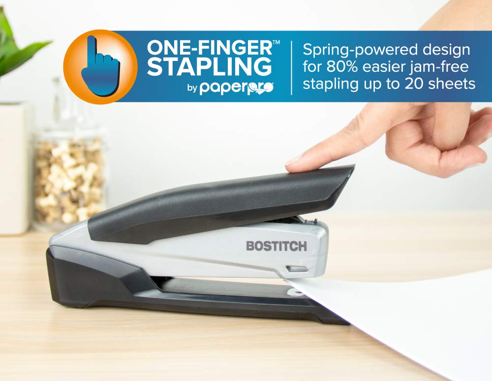 Bostitch Office Executive Stapler - 3 en 1, Sin Esfuerzo con un Dedo, Operación por Resorte, Negro/Gris (INP20)